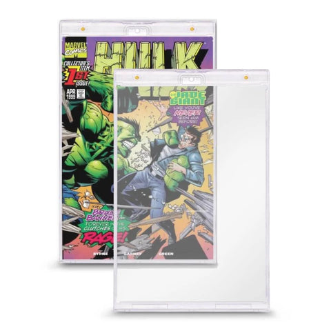Current Size Comic Book Display Case Holder Magnetic Protector With Diamond Corners shown with Hulk comic inside crystal clear lens.