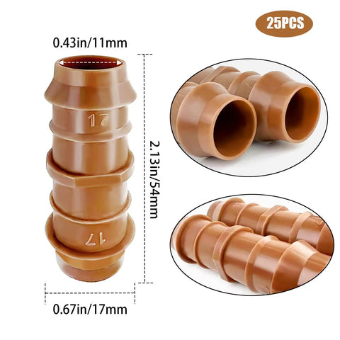 25 Pack Drip Irrigation Barbed Couplings Fittings For 1/2 Inch Tubing No Fuss Install Hose Line Connectors shown with dimensions