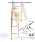 Heavy Duty Stainless Steel Sliding Ladder Hardware Kit For Library And Loft Storage With Smooth Glide Track Rail And Floor Wheels For Hassle Free High Shelf Access And Smart Organization featuring wooden ladder and stainless steel components.