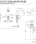 Technical drawing of Old School Victorian Mini Widespread Lavatory Faucet In Polished Brass with dimensions and installation details.