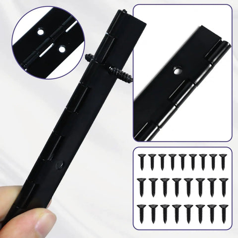 Premium Bulletproof Offset Piano Hinges Black 4 Pack Stainless Steel Continuous Cabinet Hardware with screws detailed view.