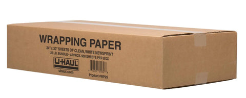 Box labeled wrapping paper containing Newsprint Packing Paper For Moving And Shipping, 500 Sheets, 24 X 30 Inches, 25 Lb Pack, Acid-Free And Ink-Free