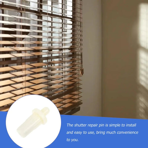 No Sweat 40 Pack Shutter Repair Pins Spring Loaded Plastic Louver Replacement Kit installed in window blinds, showing slats aligned.