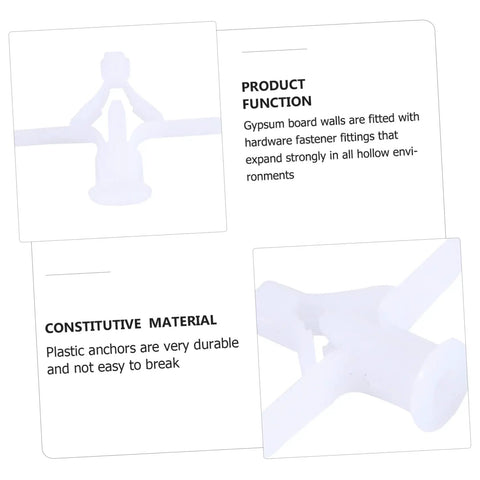 Heavy Duty Wall Anchors 100 Pack For Drywall And Plasterboard Fixings with plastic expansion plugs, product function and material shown.