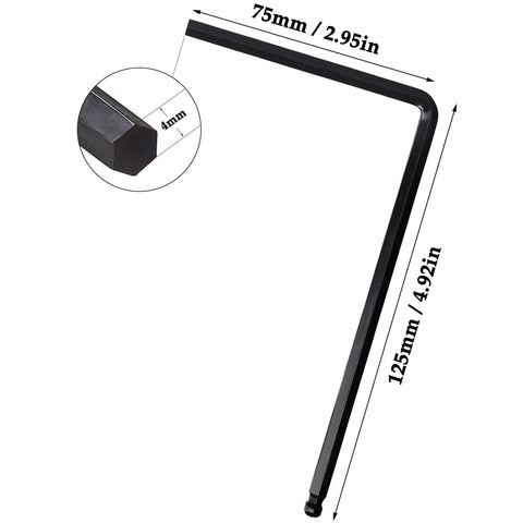 Eleven Piece Guitar Allen Wrench Set With Lengthened Ball End Wrenches, 4mm size, carbon steel, dimensions shown