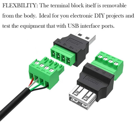 Two Pack USB 2.0 Type A Male To Four Pin Screw Terminal Connectors, 300V 8A, Nickel Plated, Built Tough For Power Testing, Keyboard, Mouse, Camera And Other DIY Electronics Projects, green 4-pin block