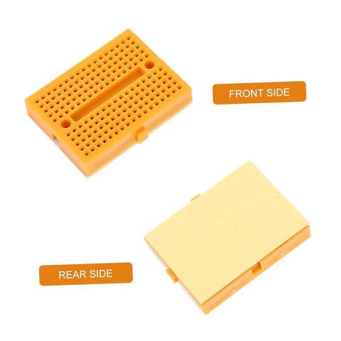 Hella Handy Six Piece Solderless Breadboard Kit For Circuit Prototyping And Science Experiments front and rear view of orange board.