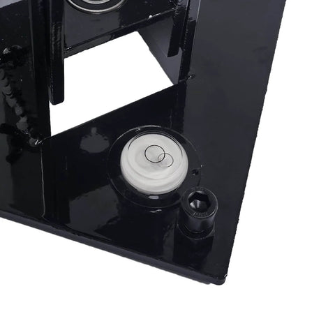 Close-up of Pool Fence Drill Guide with Bubble Level for No Guesswork Easy and Accurate Hole Drilling, black finish, showing bubble level