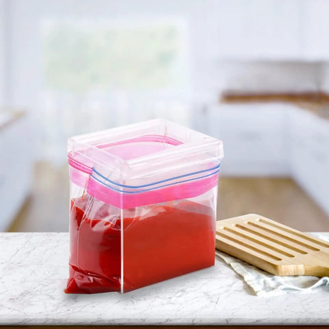 2 Pack Acrylic Food Prep Bag Holder Stand with filled red bag on kitchen counter