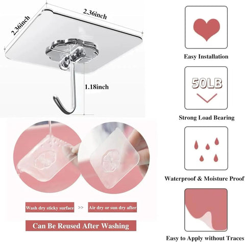 Clear Adhesive Wall Hooks With Hella Strong Peel And Stick Backing For Kitchen Bathroom Office Storage Solid Invisible Hold Saves Floor Space Zero Drilling Hassle Free Mount Keeps Spaces Tidy Pack Of Ten, showcasing dimensions and features.