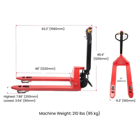 Heavy Duty 4,400 Lb Capacity Electric Pallet Truck With Lithium Ion Battery Walk Behind Pallet Jack for Warehouses showing dimensions.
