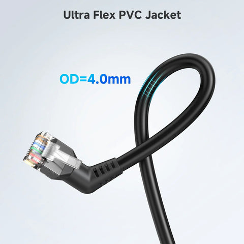 Close-up of 2-Pack 10Gbps Cat6 Ethernet Patch Cable Right Angle With 360-Degree Rotatable Connectors, 1ft Ultra-Flex PVC Jacket, Black