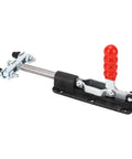 Heavy Duty Push Pull Toggle Clamp 80mm Stroke 350kg Clamping Force shown with red handle and steel bar