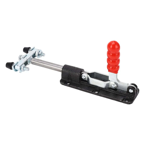 Heavy Duty Push Pull Toggle Clamp 80mm Stroke 350kg Clamping Force shown with red handle and steel bar