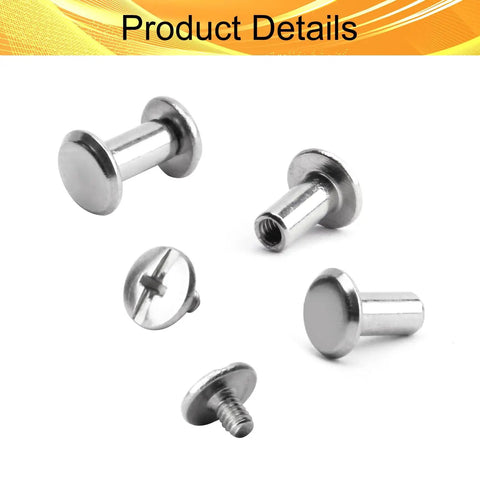 Killer 10 Pack M3 X 6mm Chicago Screws In 304 Stainless Steel Binding Posts Made Tough For Leathercraft DIY Gear And Hardware Mods With Rust Proof Build And Sweet Thread Cut. Various angles of steel posts with locking feature.