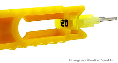Close-up of yellow fuse puller holding 20A fuse from 120 Piece Auto Fuse Kit With 119 Blade Fuses And Color Coded Housings Plus Fuse Puller Includes 5A 7.5A 10A 15A 20A 25A 30A For Quick Fixes And Easy Visual ID.