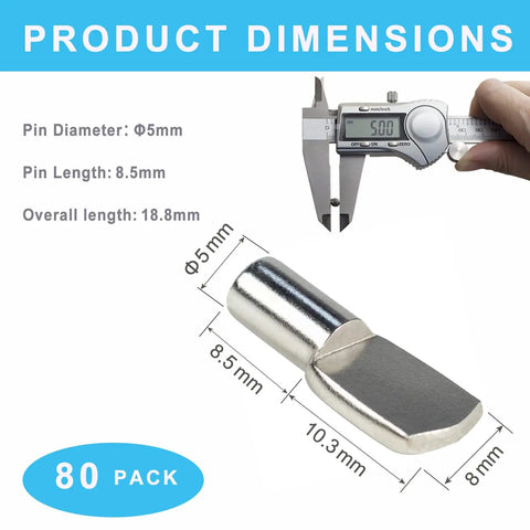 Heavy Duty Nickel Plated Cabinet Shelf Pegs Spoon Shape Zero Wobble Shelf Stabilizers For Bulletproof Wood Boards, with dimensions shown.