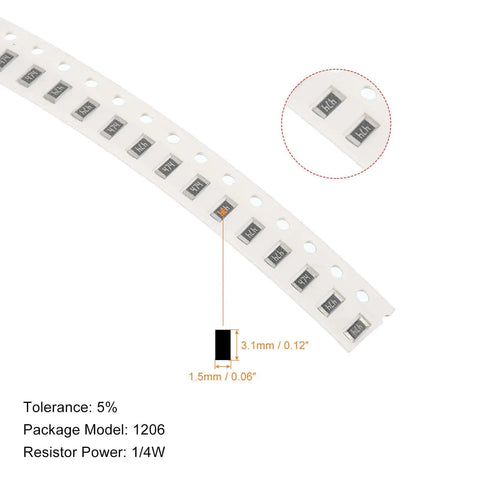 1206 SMD Resistor Kit With 1280 Pcs 0R To 10M Ohm, 64 Values, 5% Tolerance, 1/4W Chip Resistors Assortment on reel