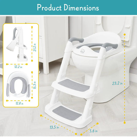 Hassle Free Potty Training Toilet Seat With Step Stool And Foldable Toddler Insert With Plush Cushion And Secure Handles For Smooth Big Kid Transition In White Grey