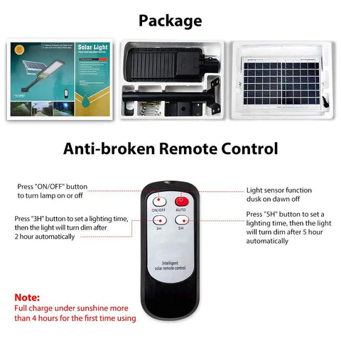 Package of Solar Street Light Outdoor Flood Light with 16000 Lm IP67, showing light parts, anti-broken remote, and instructions