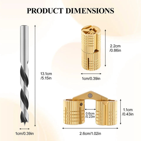 Drill bit and dimensions of hinges in 12 Pack 10mm Hidden Brass Barrel Hinges Kit With 10mm Drill Bit For Cabinet Doors And Furniture Projects