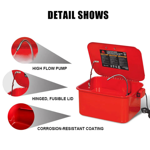 Heavy Duty Steel Parts Washer With Rapid Fluid Recycler Badass At Sloughing Off Grit On Gears Carburetors And Motor Blocks Pro Shop Staple Quick Dry Red Edition with high flow pump and hinged lid.