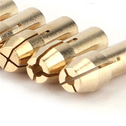 Get This Premium Brass Collet Set For Rotary Tools With Quick Change 4 3Mm Shank featuring close-up of brass clamps for secure gripping.