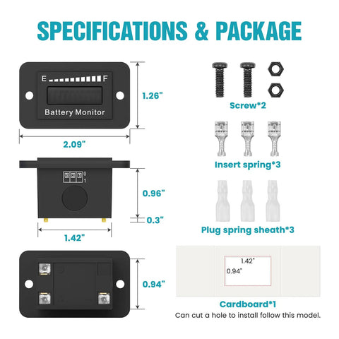 12V 24V 36V 48V 60V 72V Battery Monitor Meter Waterproof LED Battery Capacity Voltage Indicator parts and dimensions