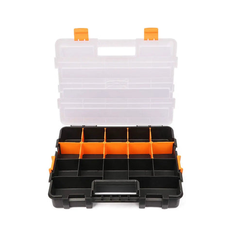 Open Interlocking Black Tool Box Organizer With Removable Dividers Beefy Durable Plastic Small Parts Box.