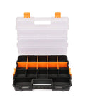 Double Side Tool Organizer With Heavy Duty Polymer And Customizable Removable Dividers, open with orange sections visible