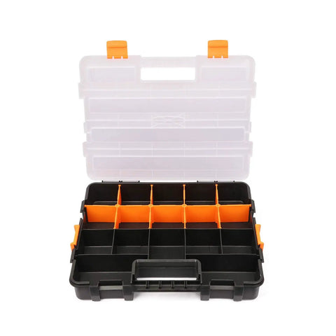 Double Side Tool Organizer With Heavy Duty Polymer And Customizable Removable Dividers, open with orange sections visible