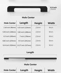 Five Pack Solid Black Long Cabinet Handles Five Point Eight Three Inch Drawer Pulls with size chart and measurements