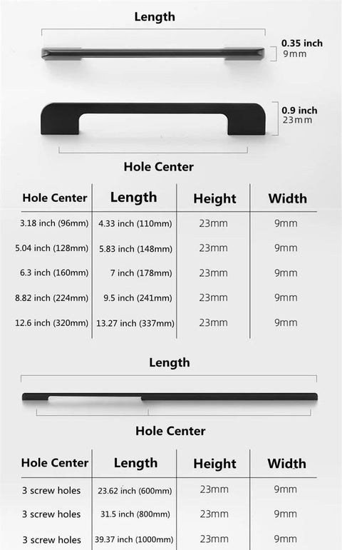 Five Pack Solid Black Long Cabinet Handles Five Point Eight Three Inch Drawer Pulls with size chart and measurements