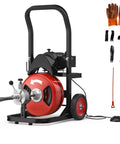 Knock Out Stubborn Pipe Clogs For Good With This Heavy Duty 75 Foot Electric Drain Snake showcasing four rotating cutters and accessories.