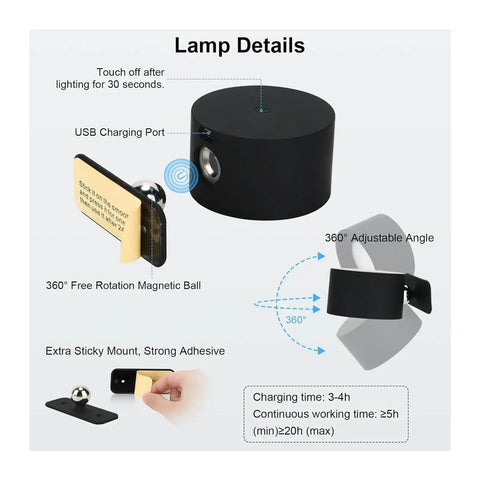 Lightess LED Wall Sconce 19 RGB Colors Dimmable, Rechargeable Sconces Battery Operated Picture Light, Touch & Remote Control features USB charging port and adjustable magnetic ball.