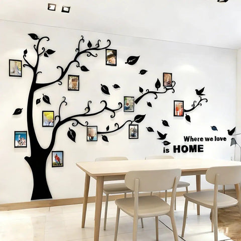 3D Dope Tree Wall Decals With DIY Photo Frame For Family Portraits Tree Wall Murals For Living Room And Bedroom TV Background Cozy Home Decor Easy Peel And Stick displayed in a dining area with chairs and table.