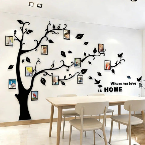 3D Dope Tree Wall Decals With DIY Photo Frame For Family Portraits Tree Wall Murals For Living Room And Bedroom TV Background Cozy Home Decor Easy Peel And Stick showcasing photo frame collage above dining table.