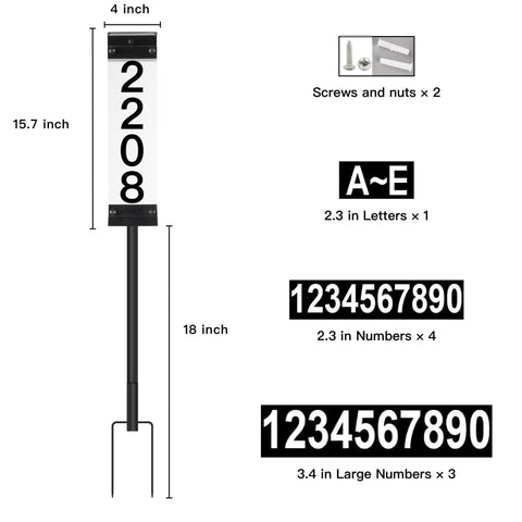 Solar Address Sign With Remote Control LED House Numbers For Outdoor Yard showing dimensions, letters, numbers, and screws