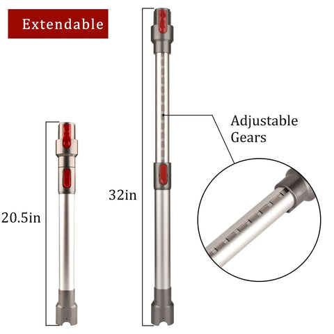 Dope Extendable Vacuum Wand For Dyson V15 V11 V10 V8 V7 Gen5 showing 20.5 to 32 inch adjustable tube and gears in silver