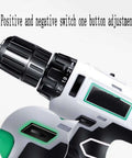Close-up of Heavy Duty Cordless Lithium Hammer Drill Impact Driver Kit showing positive and negative switch for one-button adjustment.