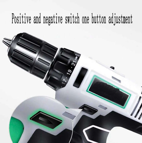 Close-up of Heavy Duty Cordless Lithium Hammer Drill Impact Driver Kit showing positive and negative switch for one-button adjustment.