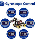 5DOF Smart Robot Arm And 4WD Remote Control Car Kit For Arduino Python Blockly Projects STEM Education Starter Kit demonstrating gyroscope control with directional commands and interface screens.
