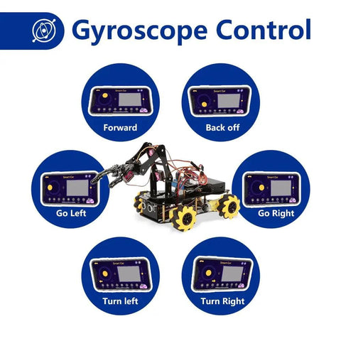 5DOF Smart Robot Arm And 4WD Remote Control Car Kit For Arduino Python Blockly Projects STEM Education Starter Kit demonstrating gyroscope control with directional commands and interface screens.