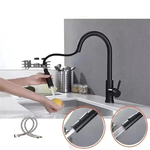 Black Pull Out Deck Mounted Flexible Hot Cold Stream Shower Modes Nozzle Faucet in modern kitchen with hand washing. 