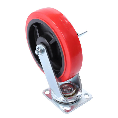 Ironclad 8 Inch Heavy Duty Industrial Caster Wheels with Durable Polyurethane Treads and Reinforced Galvanized Steel Brackets 4 Pack, red wheel close-up.