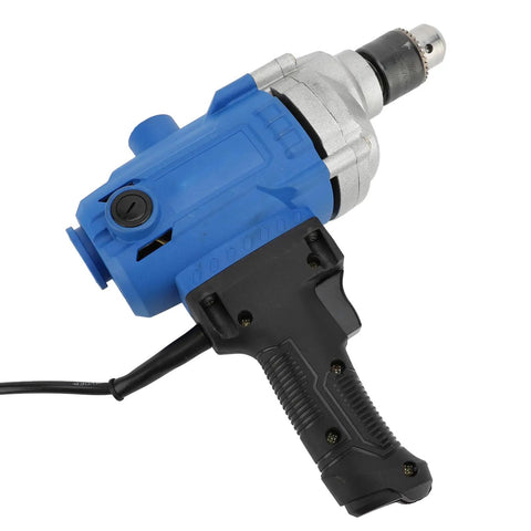 Heavy Duty Corded Mixing Drill With Six Speed Settings Up To Three Thousand Rpm Built Like A Real Workhorse For Paint And Mortar Blending, side view with blue and silver design.