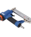 Boss Grade 18 Gauge Pneumatic Brad Nailer Air Powered Nail Gun Featuring An Ergonomic Soft Grip Handle For Carpentry And Upholstery Jobs Providing Rock Solid Accuracy At Four To Seven Bar Pressure, side view showing blue body and soft grip.