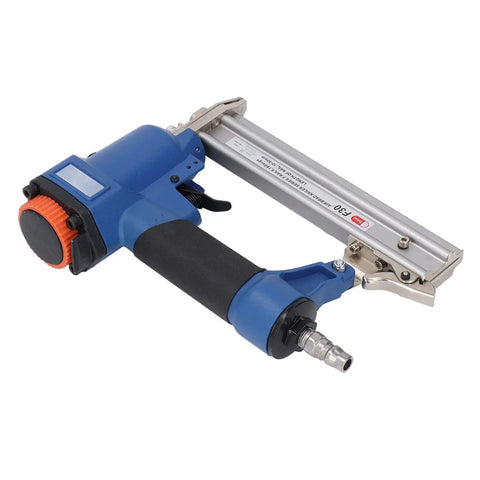 Heavy Duty Pneumatic Brad Nailer 18 Gauge Air Powered Nail Gun With Slick Ergonomic Grip, side view with details of design.