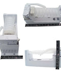 Refrigerator Ice Maker Assembly DA97-08059A Replacement For Model Specific Side By Side Fridges Not Universal Includes 7 Cube Flex Tray With Pin Connector AP4567840 PS4175630 viewed from multiple angles with ruler for size reference.