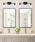 Three Light Matte Black Bathroom Vanity Light With Clear Glass Shades Anti Rust Modern Wall Lamp in bathroom setting